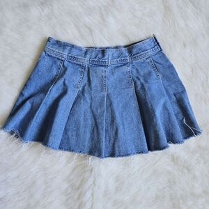 Mango Mini Denim Light Wash Raw Hem Pleated Skirt Size S